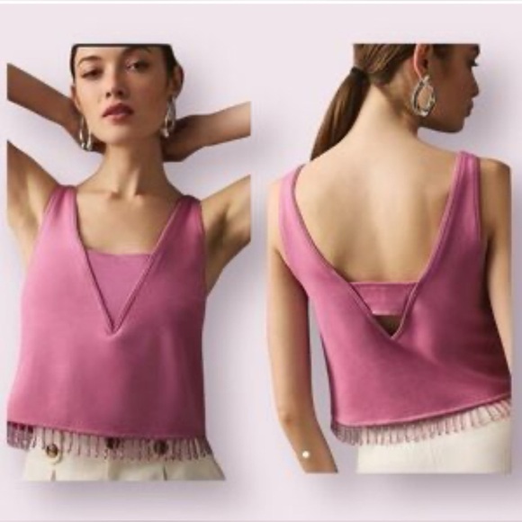 NWT Anthropologie Size XS Crystal Fringe Beaded Stretch Crop Tank Top Purple - Picture 3 of 14